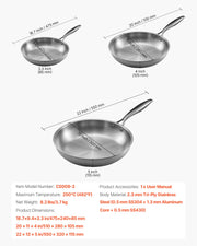 Tri-Ply Stainless Steel Frying Pan, 3 Piece (240, 280, 320 mm), Cooking Skillet with Heat-Resistant Handle, V952-BXGCGSJTBXG8CNBK6001V0