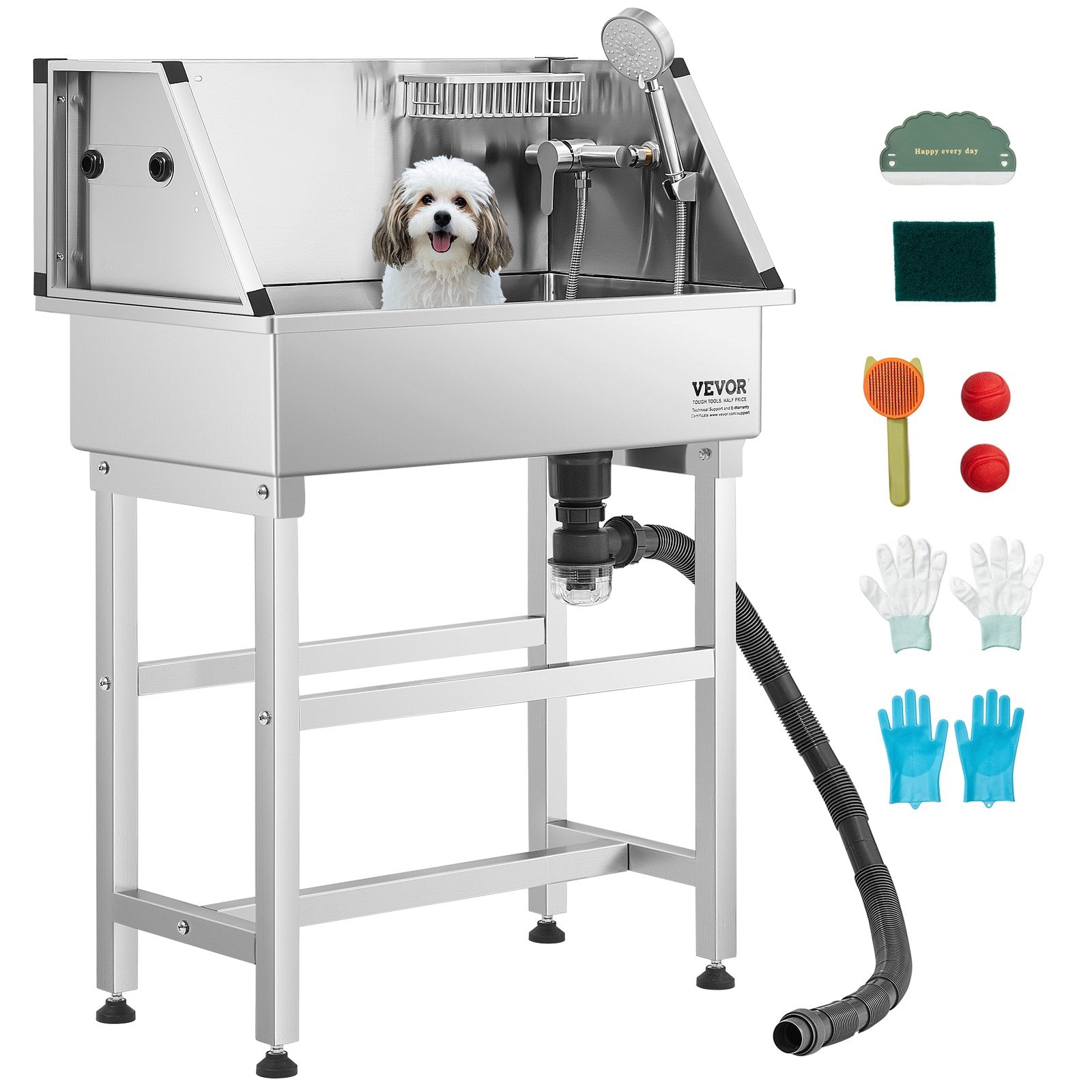 86.4 cm Stainless Steel Dog Washing Station, Pet Grooming Tub with Hot & Cold Faucet, Showerhead, Storage V952-BXGCWYG34CJY8SX20V0