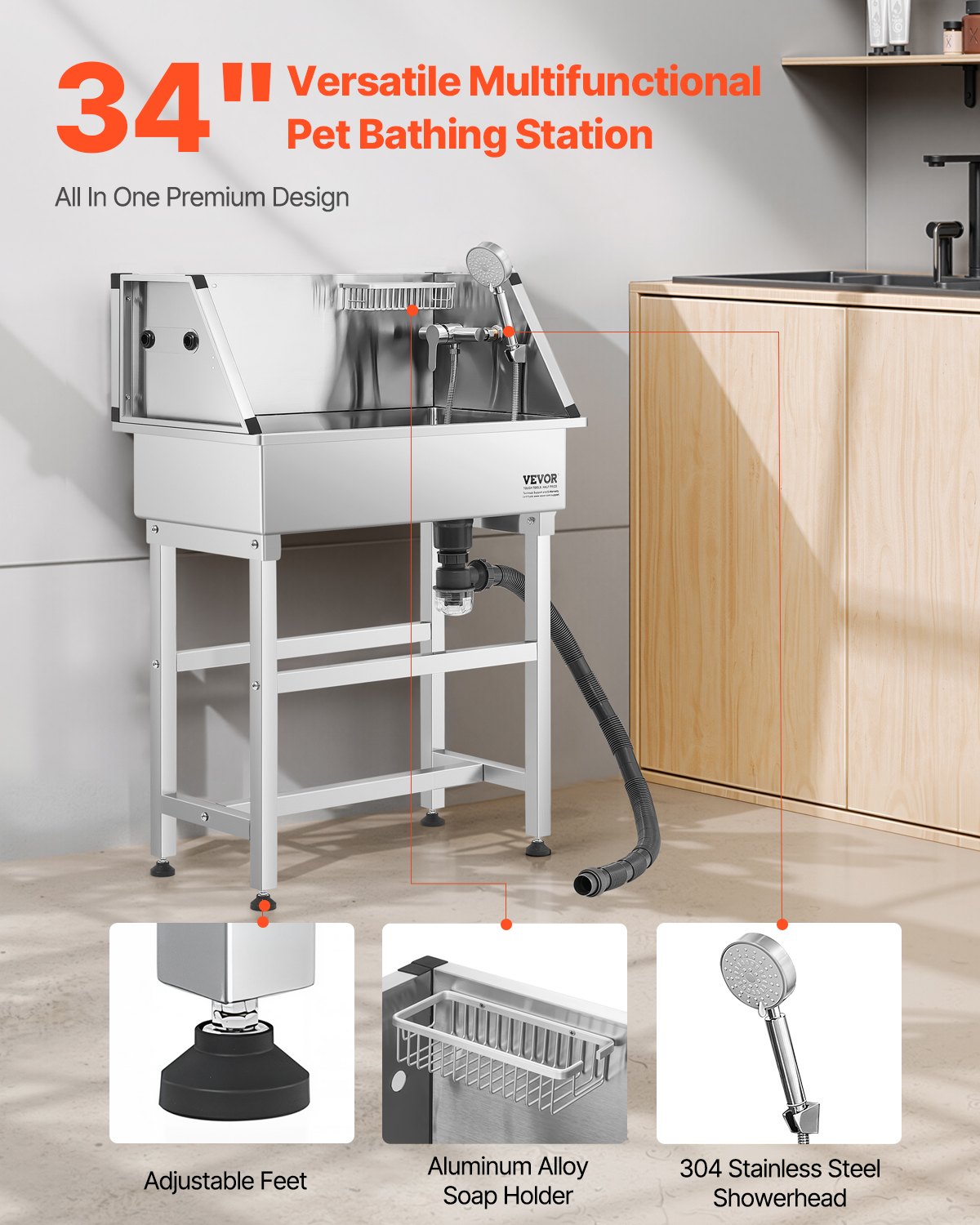 86.4 cm Stainless Steel Dog Washing Station, Pet Grooming Tub with Hot & Cold Faucet, Showerhead, Storage V952-BXGCWYG34CJY8SX20V0