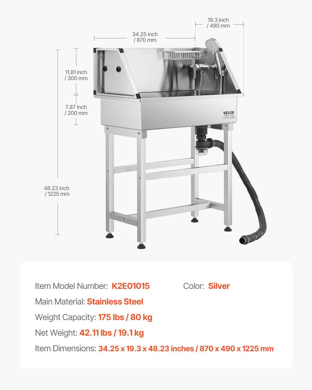 86.4 cm Stainless Steel Dog Washing Station, Pet Grooming Tub with Hot & Cold Faucet, Showerhead, Storage V952-BXGCWYG34CJY8SX20V0