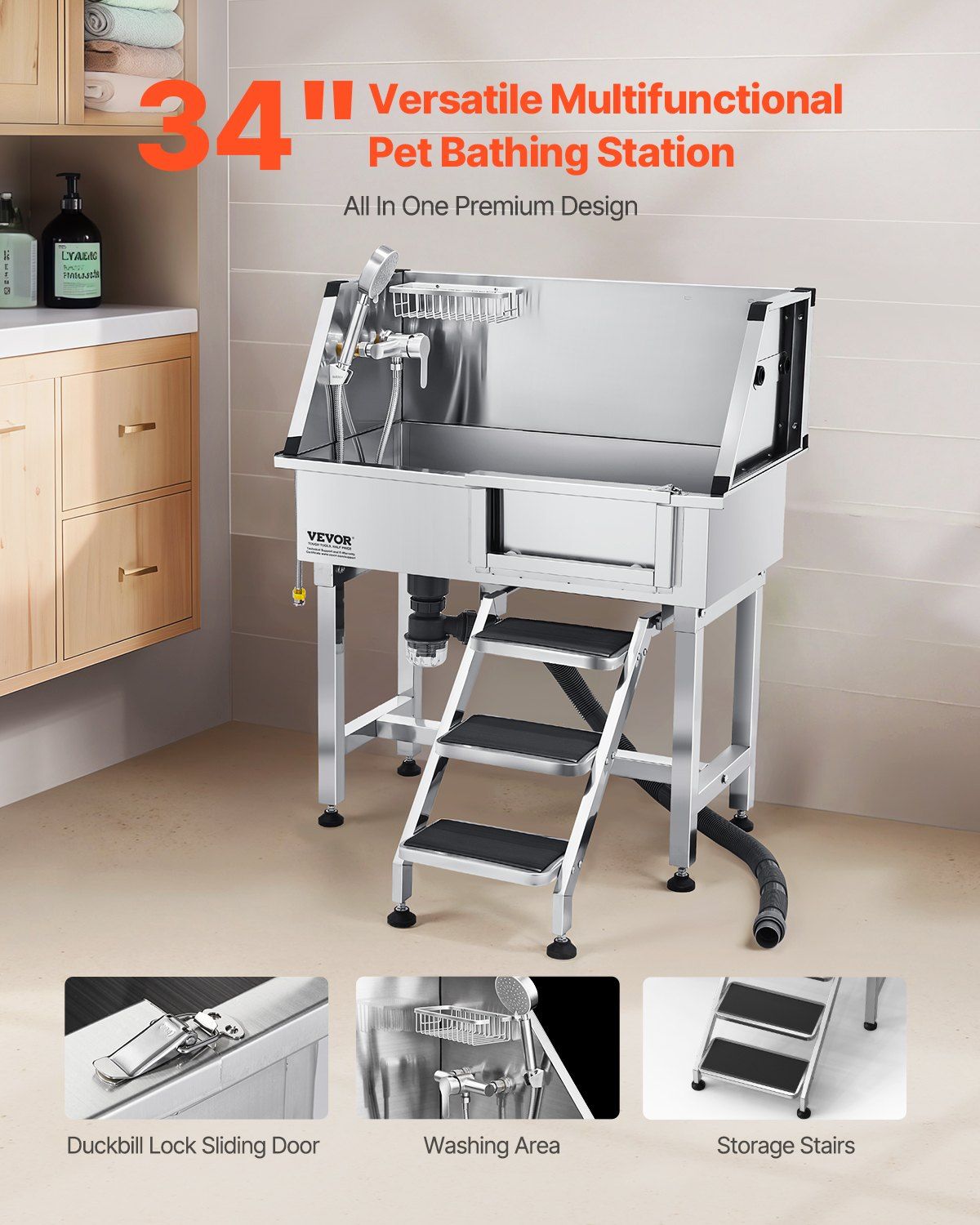 86.4 cm Dog Washing Station, Stainless Steel Pet Grooming Tub Bathtub, Professional Dog Wash Sink with V952-BXGCWYG34CZJFJ0C0002V0