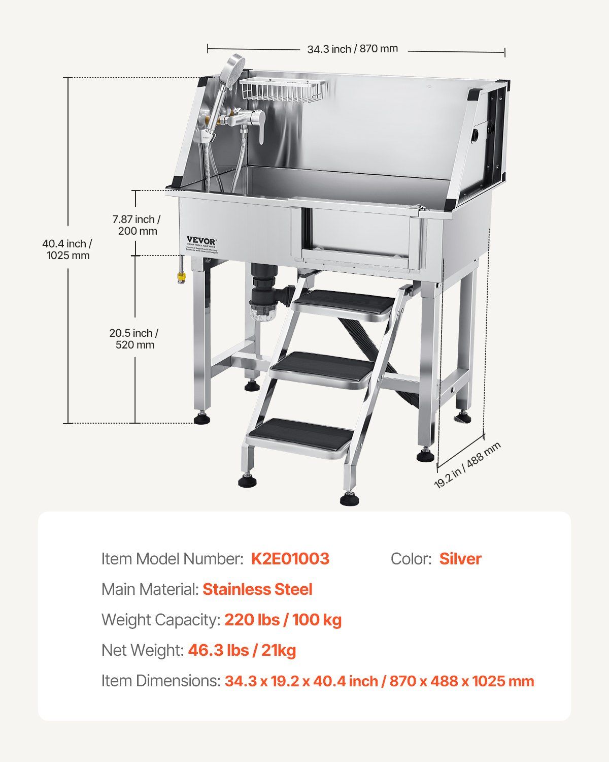 86.4 cm Dog Washing Station, Stainless Steel Pet Grooming Tub Bathtub, Professional Dog Wash Sink with V952-BXGCWYG34CZJFJ0C0002V0