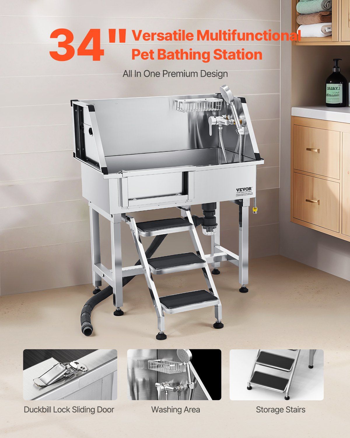 86.4 cm Dog Washing Station, Stainless Steel Pet Grooming Tub Bathtub, Professional Dog Wash Sink with V952-BXGCWYG34CZJQTV6N002V0