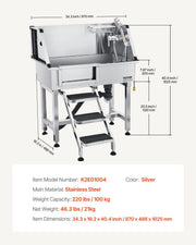 86.4 cm Dog Washing Station, Stainless Steel Pet Grooming Tub Bathtub, Professional Dog Wash Sink with V952-BXGCWYG34CZJQTV6N002V0