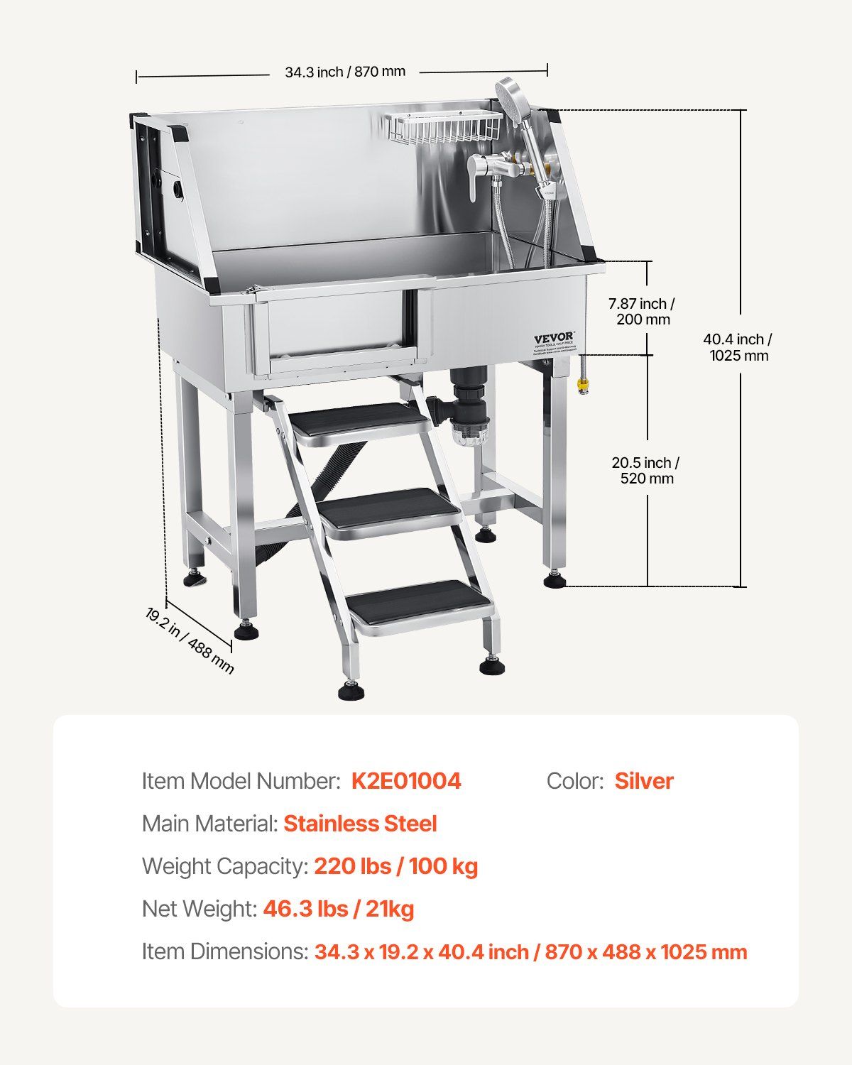 86.4 cm Dog Washing Station, Stainless Steel Pet Grooming Tub Bathtub, Professional Dog Wash Sink with V952-BXGCWYG34CZJQTV6N002V0