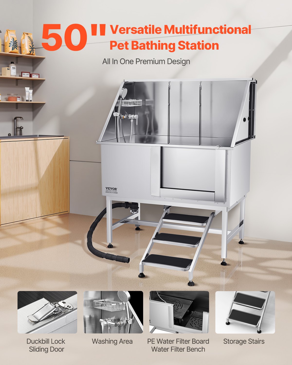 127 cm Dog Grooming Bath Tub Stainless Steel w Stairs Water Filter V952-BXGCWYG50CSL5T18XV0