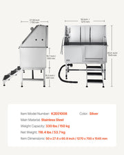 127 cm Dog Grooming Bath Tub Stainless Steel w Stairs Water Filter V952-BXGCWYG50CSL5T18XV0