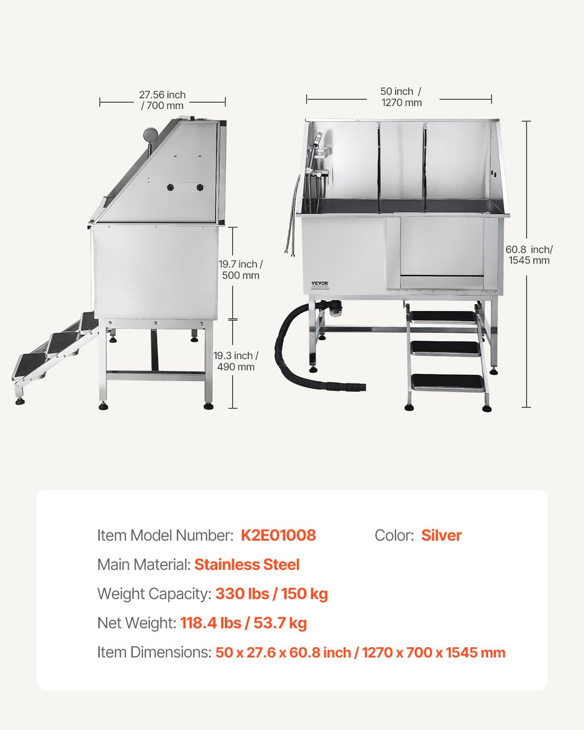 127 cm Dog Grooming Bath Tub Stainless Steel w Stairs Water Filter V952-BXGCWYG50CSL5T18XV0