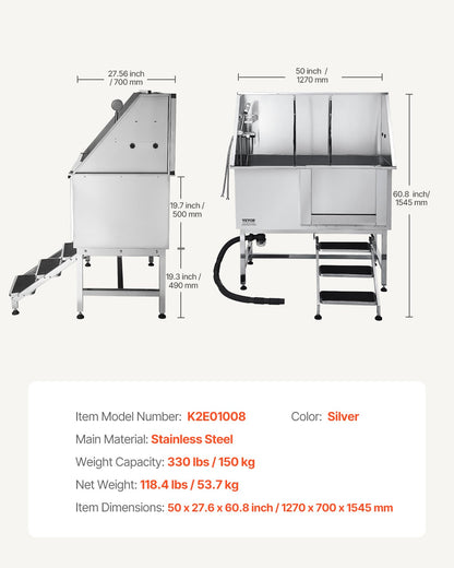 127 cm Dog Grooming Bath Tub Stainless Steel w Stairs Water Filter V952-BXGCWYG50CSL5T18XV0