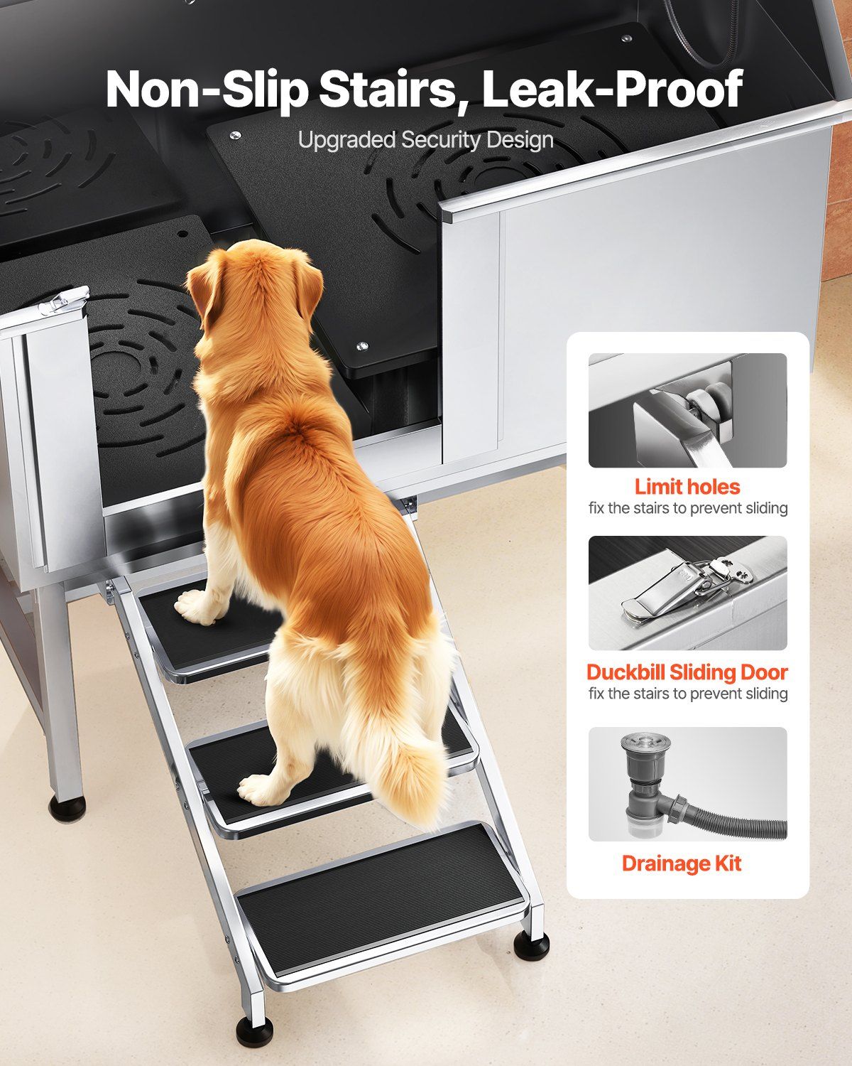 Stainless Steel Dog Washing Station, 127 cm Pet Grooming Tub w/ Stairs, PE Water Filter Board, Faucet & V952-BXGCWYG50CSLNZPKYV0