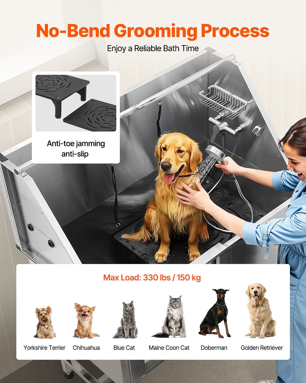 Stainless Steel Dog Washing Station, 127 cm Pet Grooming Tub w/ Stairs, PE Water Filter Board, Faucet & V952-BXGCWYG50CSLNZPKYV0