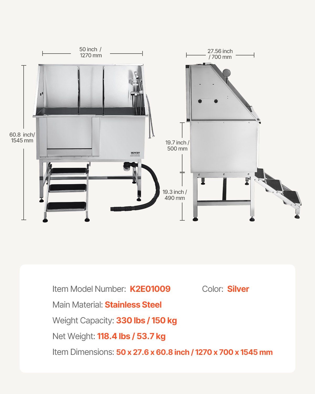 Stainless Steel Dog Washing Station, 127 cm Pet Grooming Tub w/ Stairs, PE Water Filter Board, Faucet & V952-BXGCWYG50CSLNZPKYV0