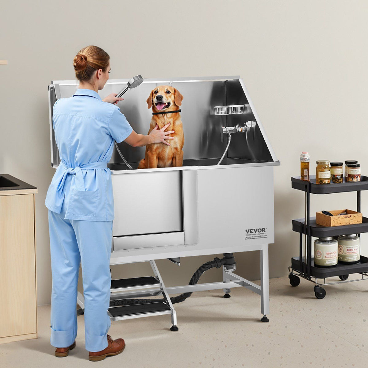 Stainless Steel Dog Washing Station, 127 cm Pet Grooming Tub w/ Stairs, PE Water Filter Board, Faucet & V952-BXGCWYG50CSLNZPKYV0