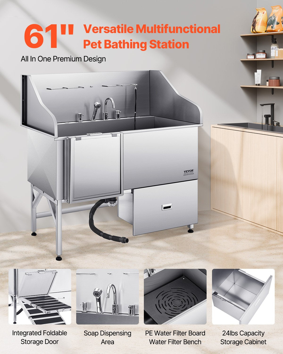 155 cm Dog Grooming Bath Tub Stainless Steel w Ramp Water Filter Left V952-BXGCWYG61CPDA9RVTV0