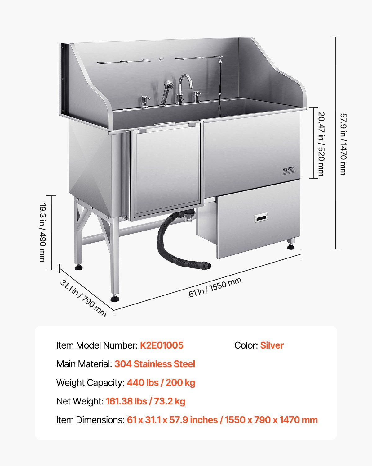 155 cm Dog Grooming Bath Tub Stainless Steel w Ramp Water Filter Left V952-BXGCWYG61CPDA9RVTV0