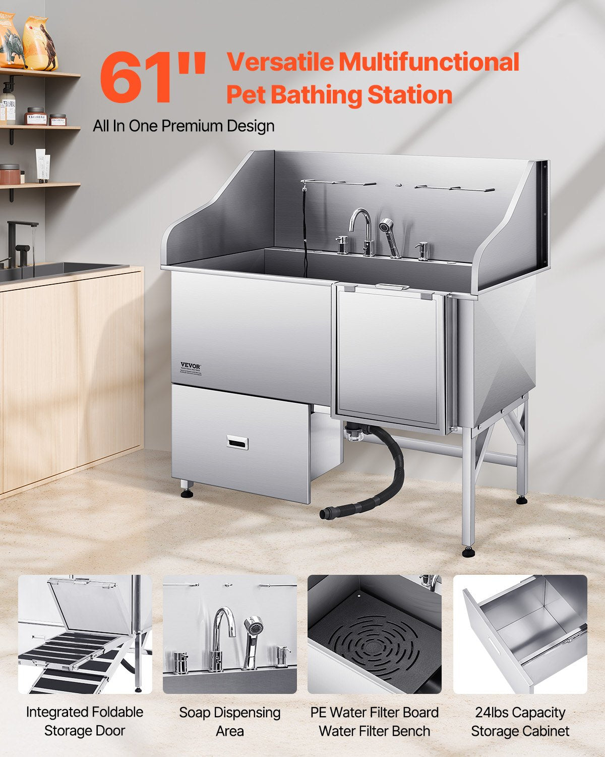 155 cm Dog Grooming Bath Tub Stainless Steel w Ramp Water Filter V952-BXGCWYG61CPDIM12TV0