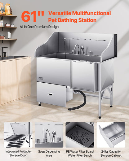 155 cm Dog Grooming Bath Tub Stainless Steel w Ramp Water Filter V952-BXGCWYG61CPDIM12TV0