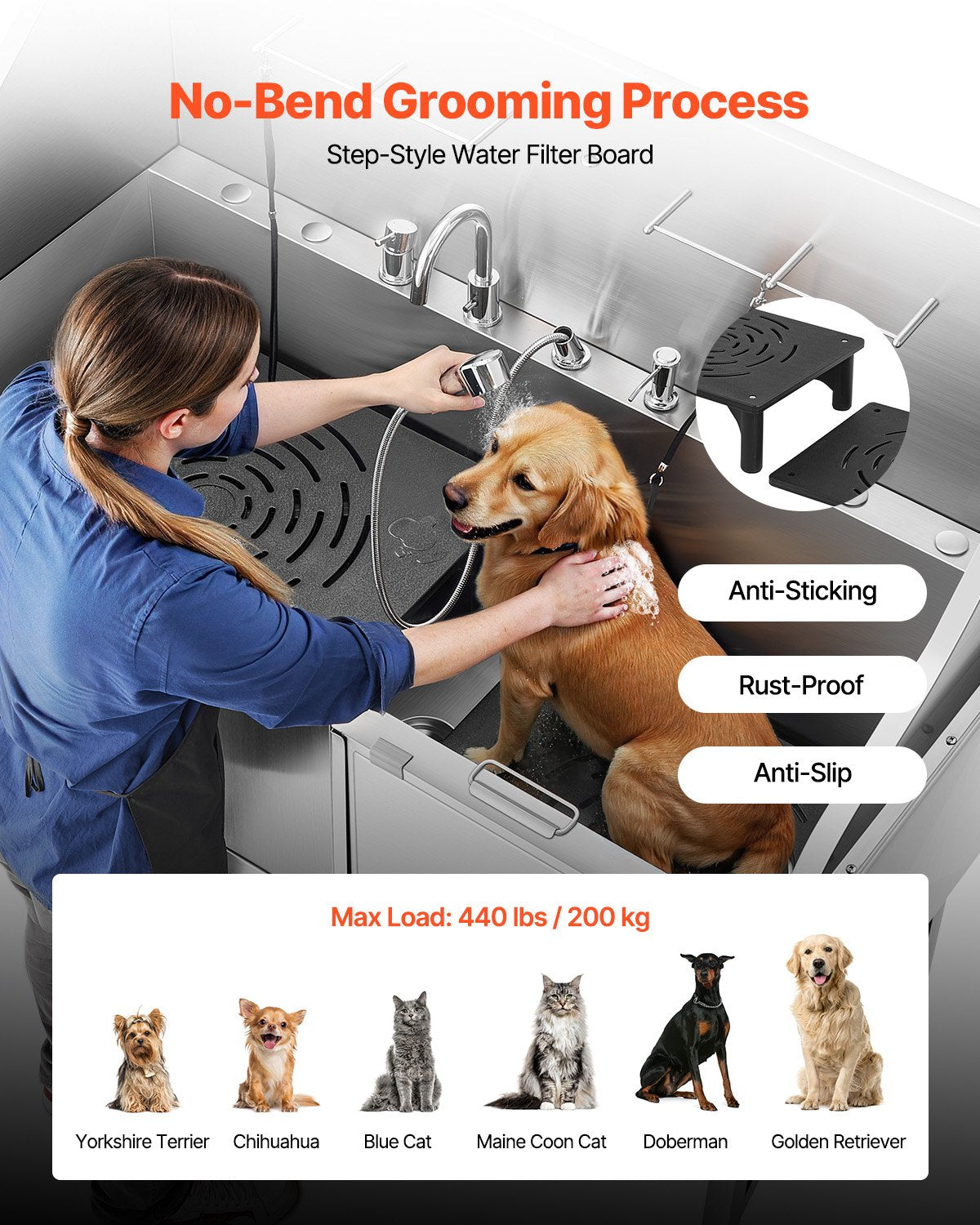 155 cm Dog Grooming Bath Tub Stainless Steel w Ramp Water Filter V952-BXGCWYG61CPDIM12TV0