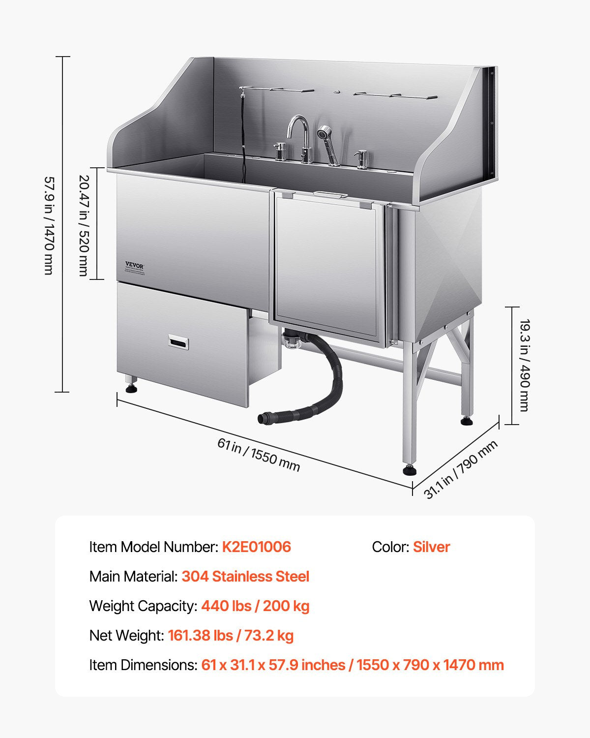 155 cm Dog Grooming Bath Tub Stainless Steel w Ramp Water Filter V952-BXGCWYG61CPDIM12TV0