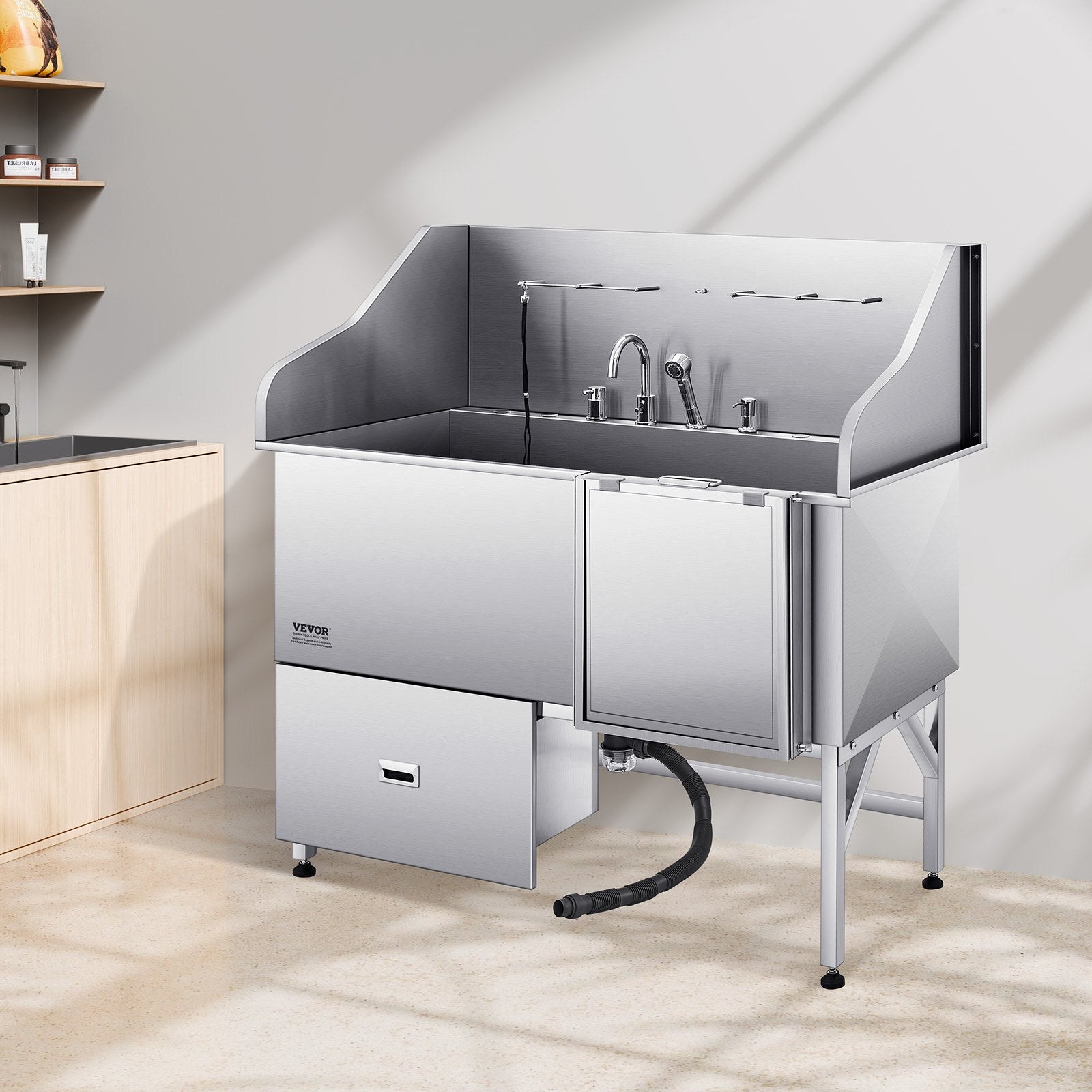 155 cm Dog Grooming Bath Tub Stainless Steel w Ramp Water Filter V952-BXGCWYG61CPDIM12TV0