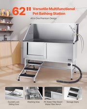 Stainless Steel Dog Washing Station, 157.48 cm Pet Grooming Tub w/ Stairs, PE Water Filter Board, Faucet & V952-BXGCWYG62CSLV4J32V0