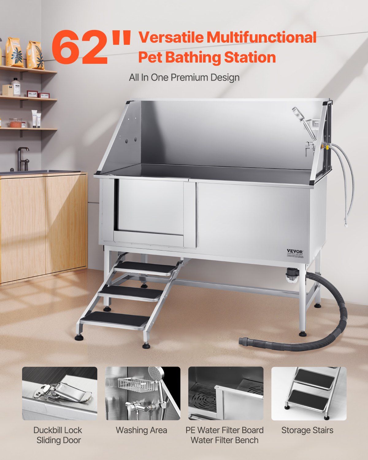 Stainless Steel Dog Washing Station, 157.48 cm Pet Grooming Tub w/ Stairs, PE Water Filter Board, Faucet & V952-BXGCWYG62CSLV4J32V0