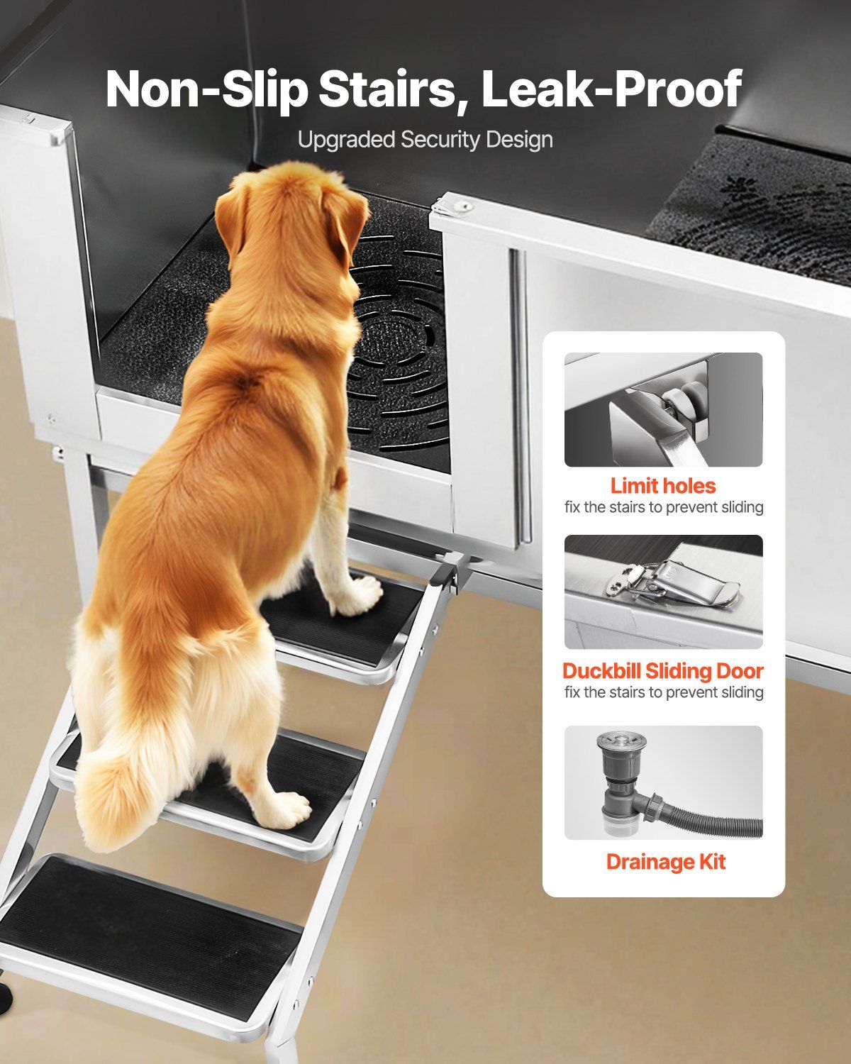 Stainless Steel Dog Washing Station, 157.48 cm Pet Grooming Tub w/ Stairs, PE Water Filter Board, Faucet & V952-BXGCWYG62CSLV4J32V0