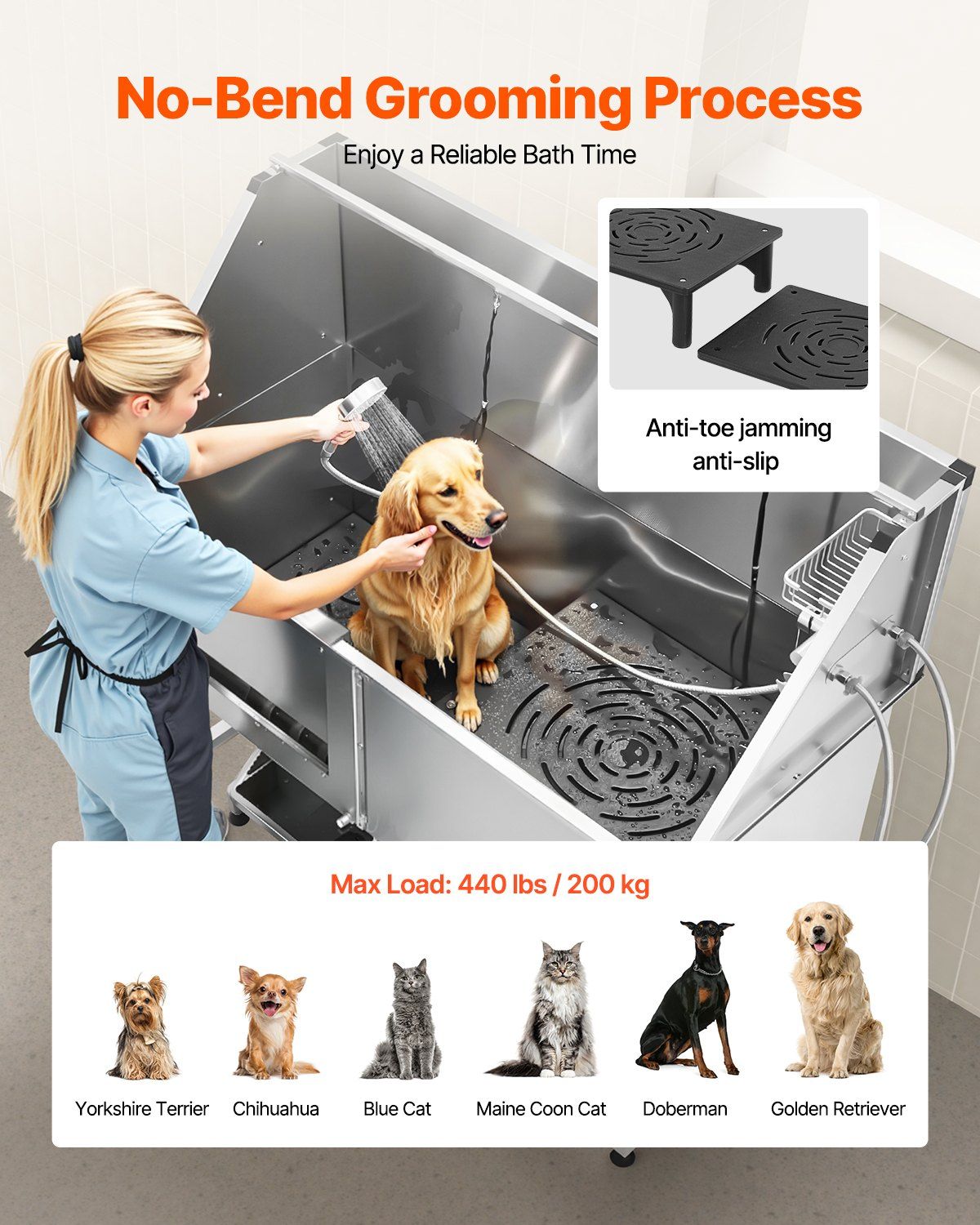 Stainless Steel Dog Washing Station, 157.48 cm Pet Grooming Tub w/ Stairs, PE Water Filter Board, Faucet & V952-BXGCWYG62CSLV4J32V0