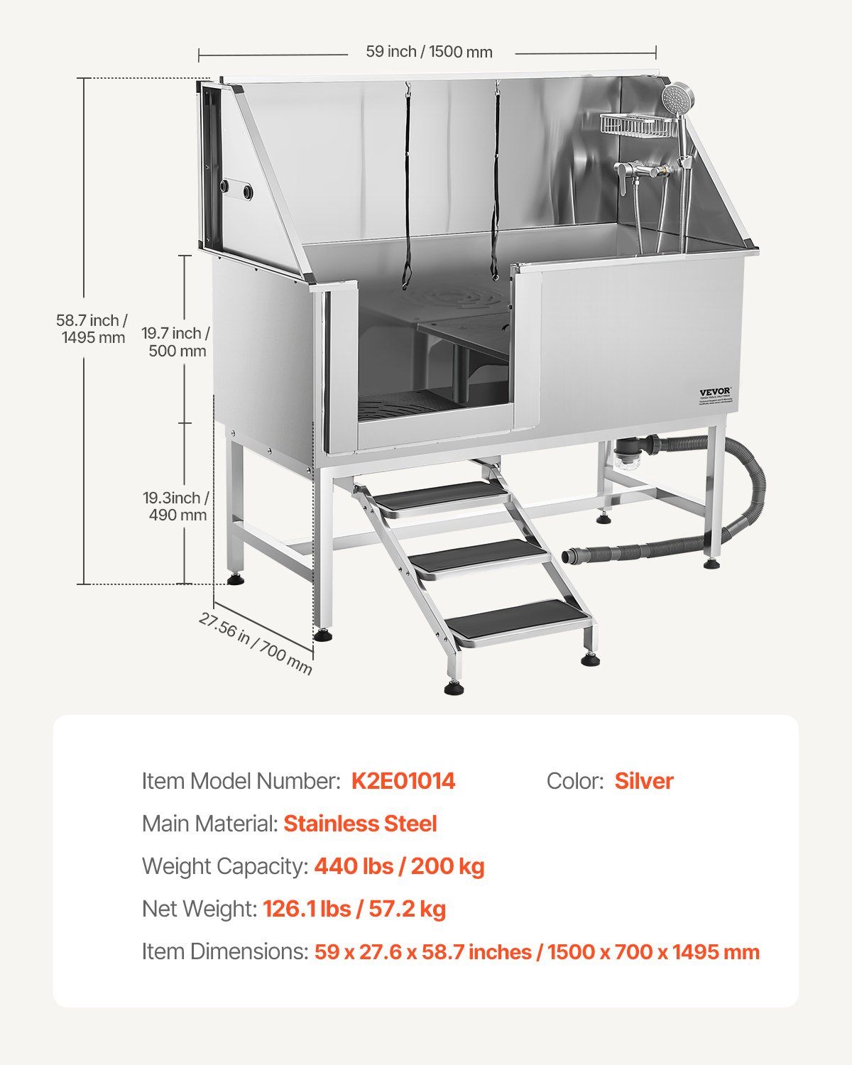 Stainless Steel Dog Washing Station, 157.48 cm Pet Grooming Tub w/ Stairs, PE Water Filter Board, Faucet & V952-BXGCWYG62CSLV4J32V0