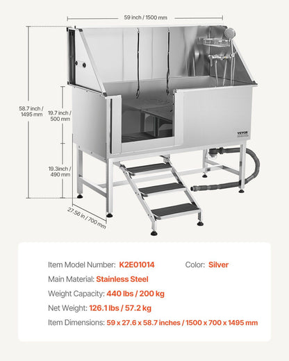Stainless Steel Dog Washing Station, 157.48 cm Pet Grooming Tub w/ Stairs, PE Water Filter Board, Faucet & V952-BXGCWYG62CSLV4J32V0