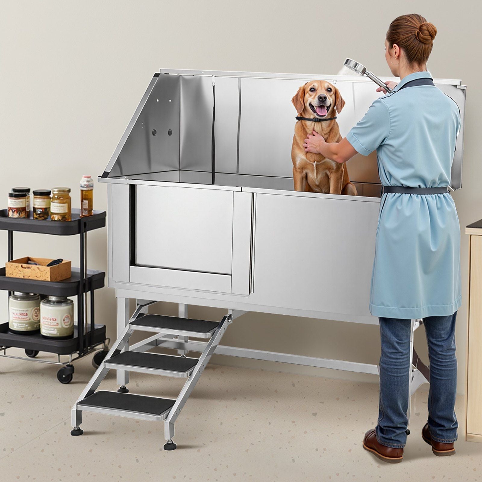 Stainless Steel Dog Washing Station, 157.48 cm Pet Grooming Tub w/ Stairs, PE Water Filter Board, Faucet & V952-BXGCWYG62CSLV4J32V0