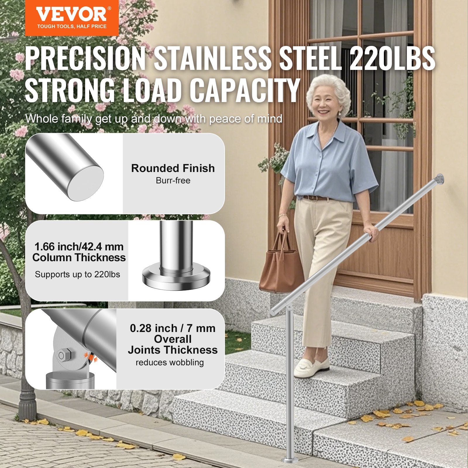 Handrails for Outdoor Steps, 47.3in / 120cm Deck Railing Kit Wall Floor Mounted, Railings for Outside Steps V952-BXGDLZFS120CR5F2IV0