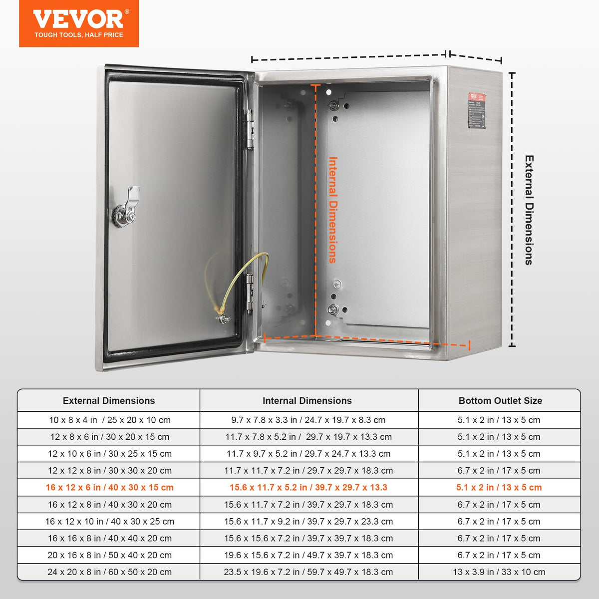 Steel Electrical Box, 40x30x15 cm, 304 Stainless Steel Electrical Enclosure Box, Wall-Mounted Outdoor V952-BXGDQX16X12XVGLJZV0