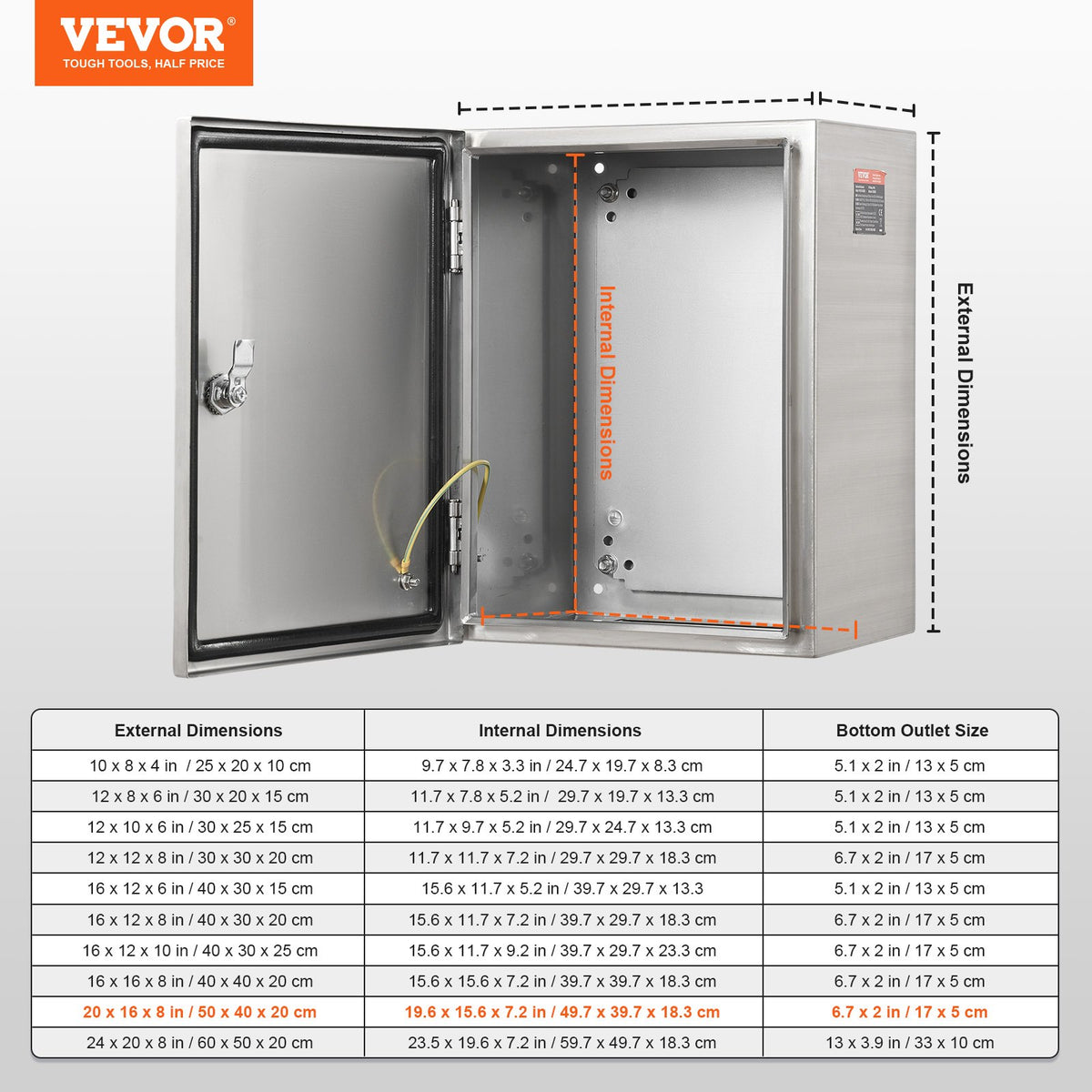 Steel Electrical Box, 50x40x20 cm, 304 Stainless Steel Electrical Enclosure Box, Wall-Mounted Outdoor V952-BXGDQX20X16X4VPKIV0