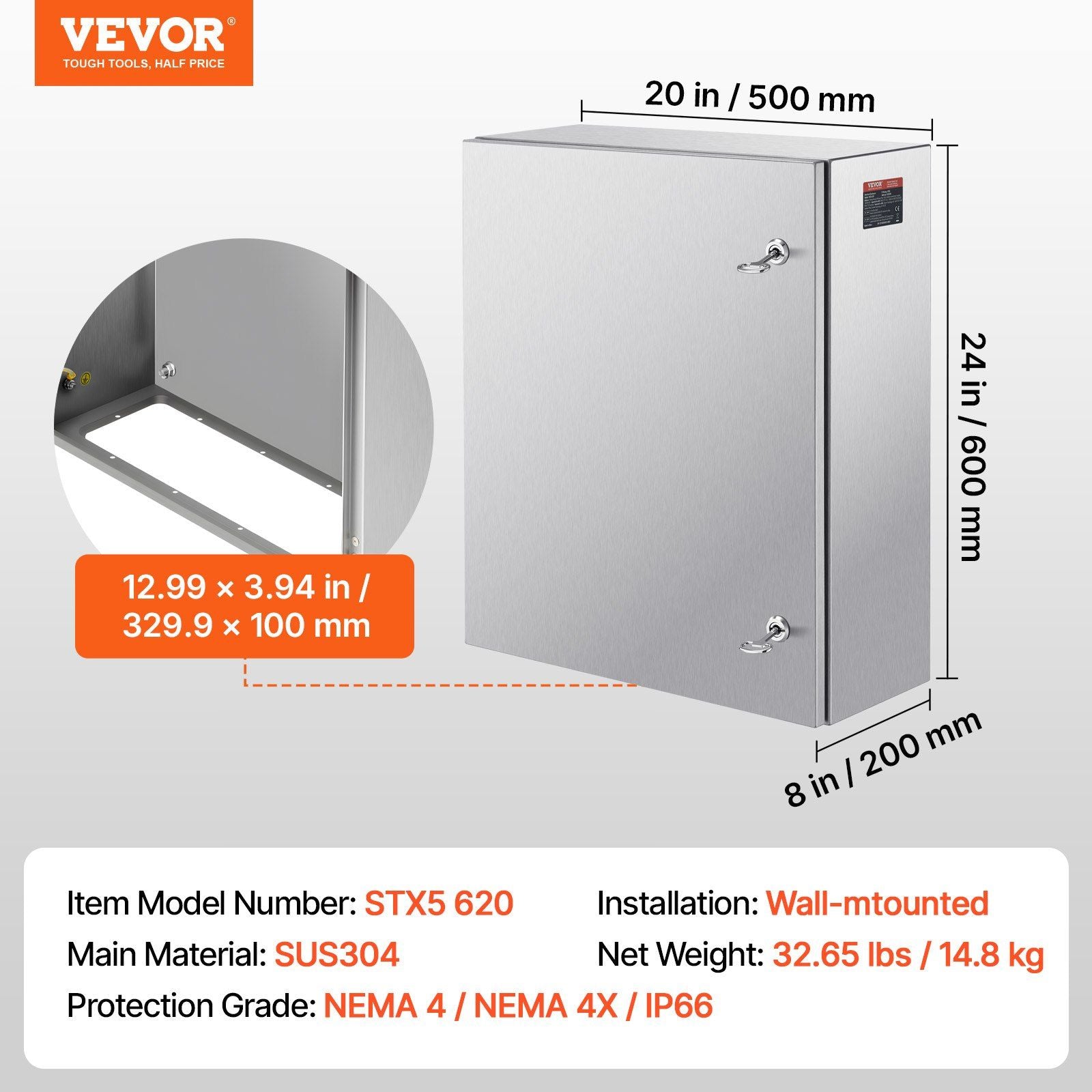 Steel Electrical Box, 60x50x20 cm, 304 Stainless Steel Electrical Enclosure Box, Wall-Mounted Outdoor V952-BXGDQX24X20XC3Z3EV0