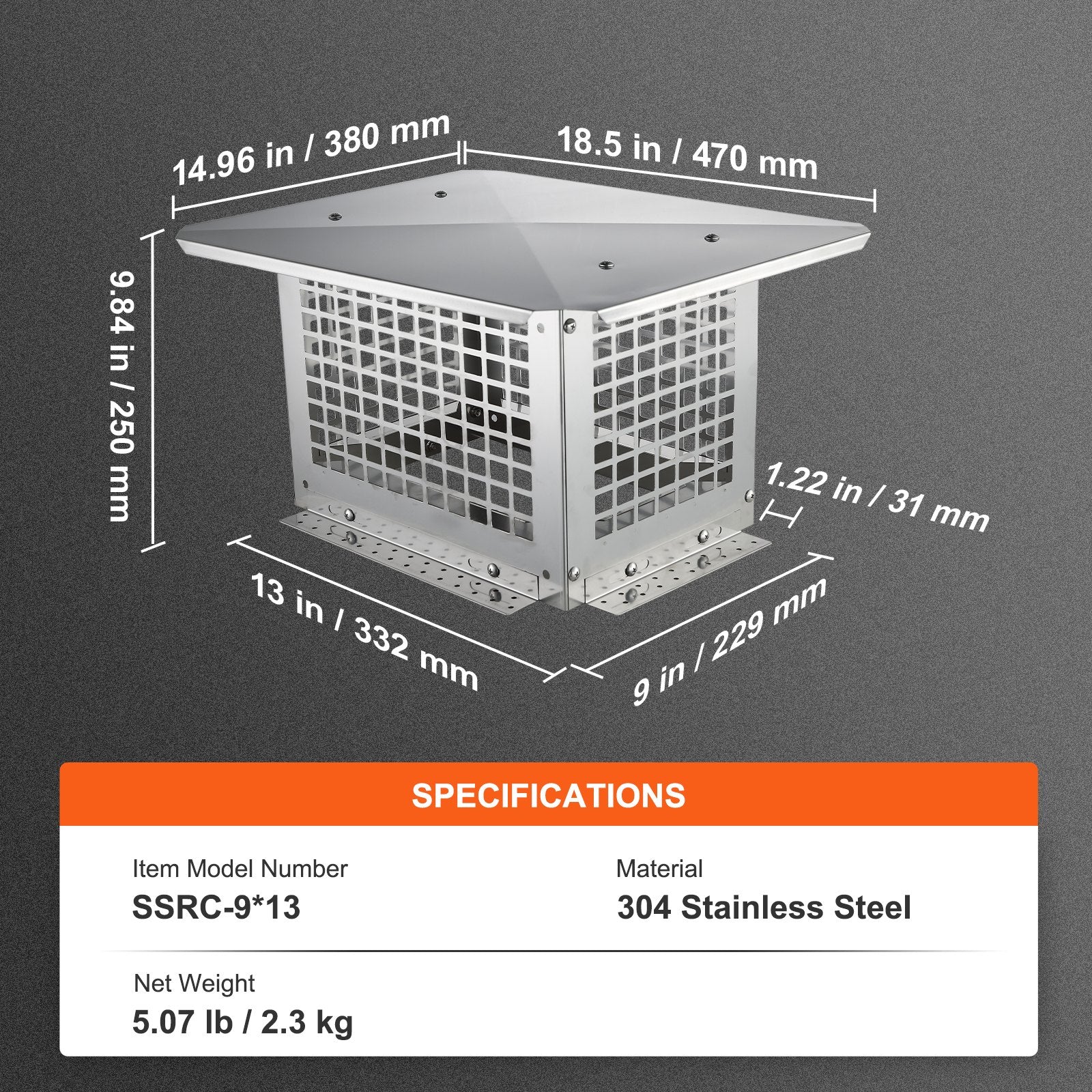 Chimney Cap 13" x 9" 304Stainless Steel Fireplace Flue Caps Cover Mesh V952-BXGFXPDYDGYS7SWWCV0
