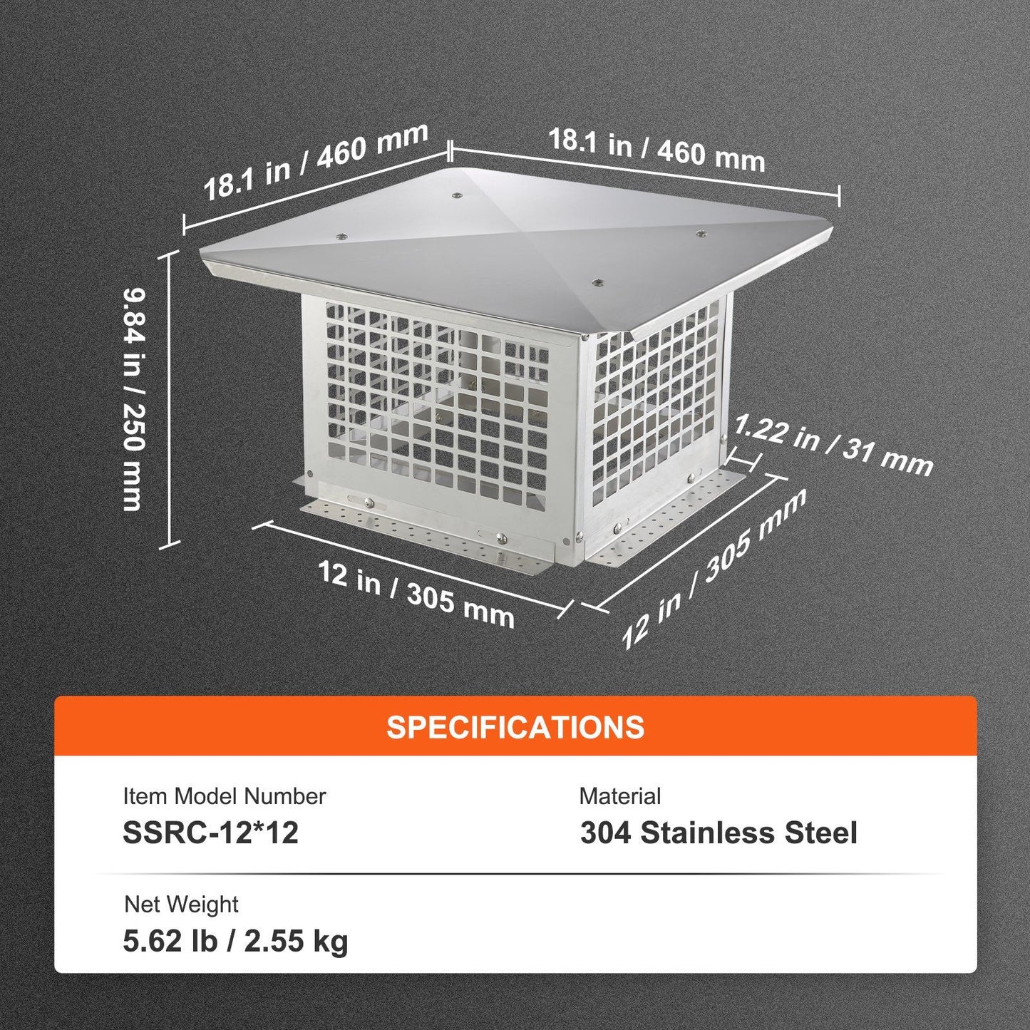 Chimney Cap 304.8 x 304.8mm, 304 Stainless Steel Fireplace Chimney Cover, Not Easily Toppled & Practical V952-BXGFXPDYDGYS8DSKIV0