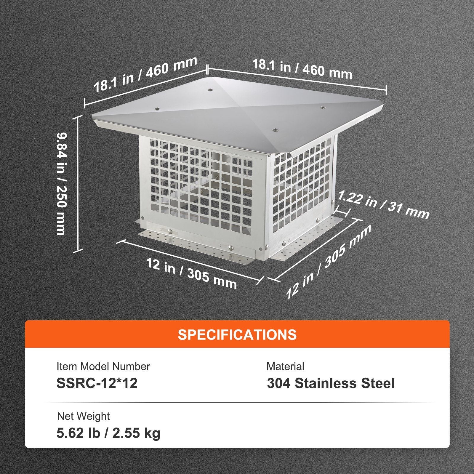 Chimney Cap 304.8 x 304.8mm, 304 Stainless Steel Fireplace Chimney Cover, Not Easily Toppled & Practical V952-BXGFXPDYDGYS8DSKIV0