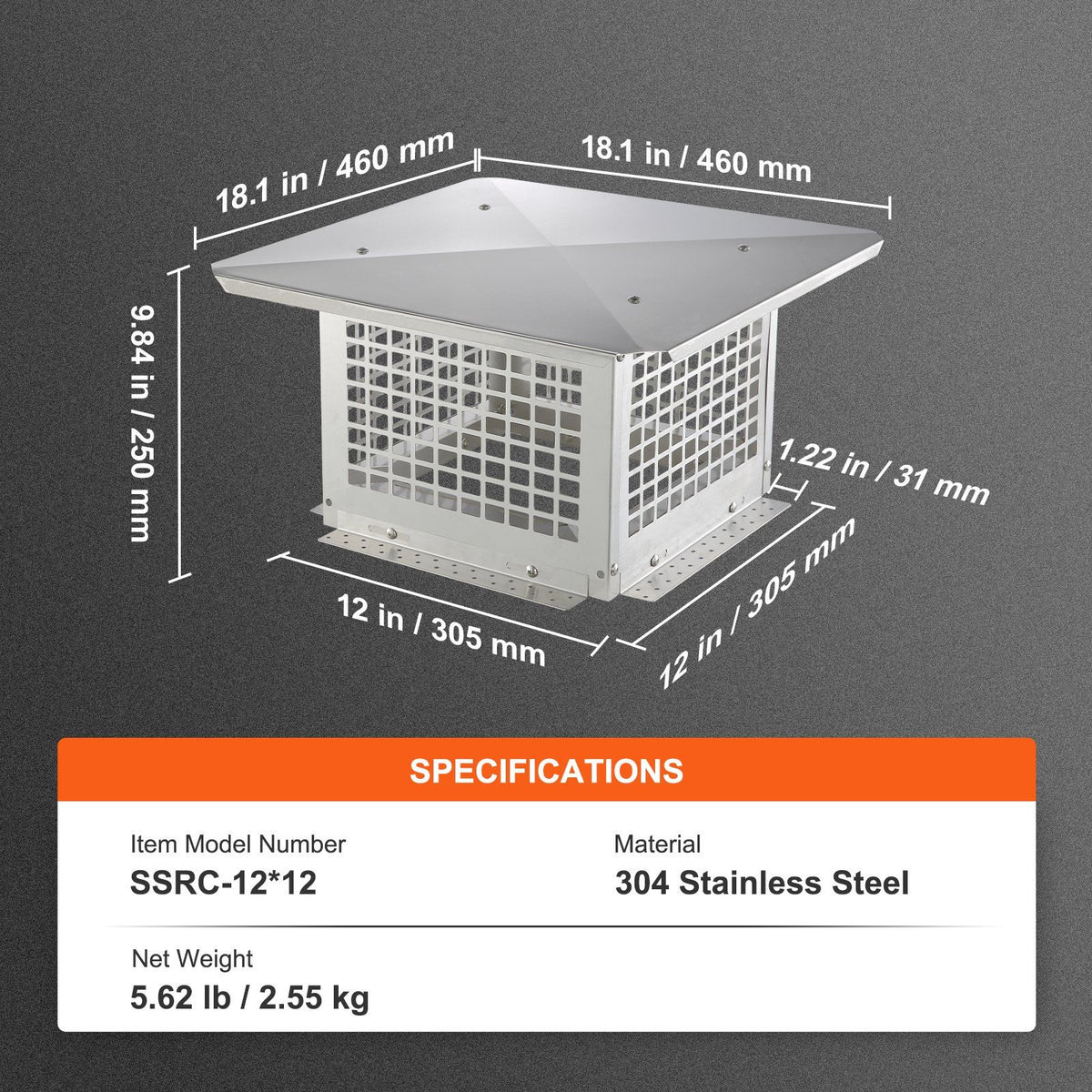 Chimney Cap 304.8 x 304.8mm, 304 Stainless Steel Fireplace Chimney Cover, Not Easily Toppled & Practical V952-BXGFXPDYDGYS8DSKIV0