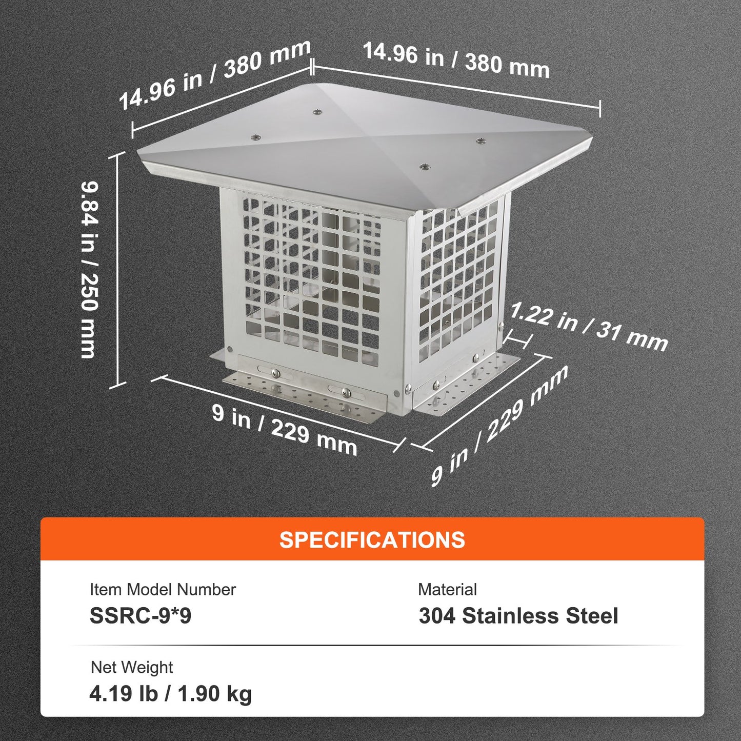 Chimney Cap 9" x 9" 304Stainless Steel Fireplace Flue Caps Cover Mesh V952-BXGFXPDYDGYSKQNL5V0