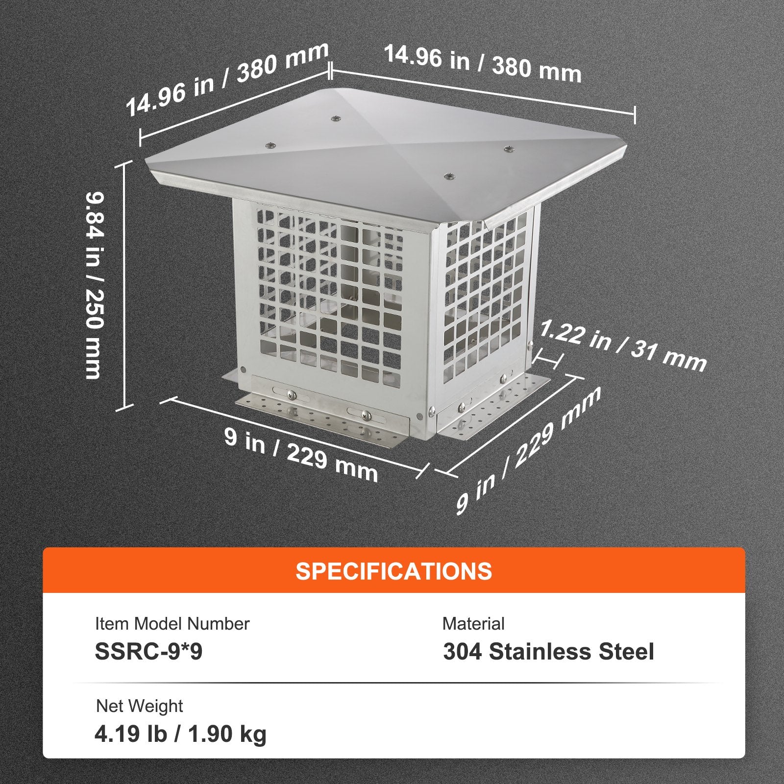 Chimney Cap 9" x 9" 304Stainless Steel Fireplace Flue Caps Cover Mesh V952-BXGFXPDYDGYSKQNL5V0