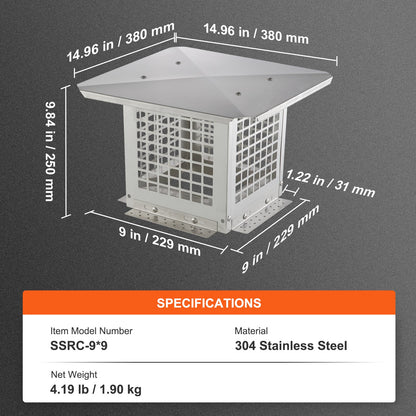 Chimney Cap 9" x 9" 304Stainless Steel Fireplace Flue Caps Cover Mesh V952-BXGFXPDYDGYSKQNL5V0