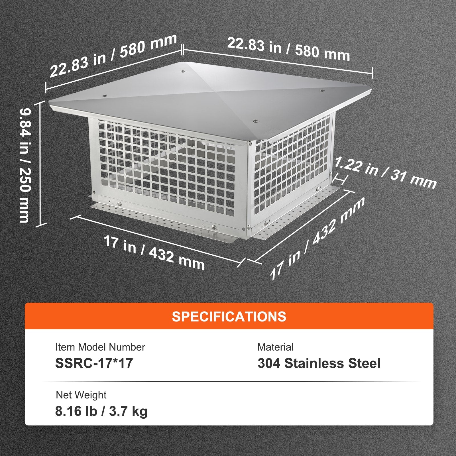 Chimney Cap 17" x 17" 304Stainless Steel Fireplace Flue Caps Cover Mesh V952-BXGFXPDYDGYSTSRS6V0