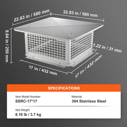 Chimney Cap 17" x 17" 304Stainless Steel Fireplace Flue Caps Cover Mesh V952-BXGFXPDYDGYSTSRS6V0