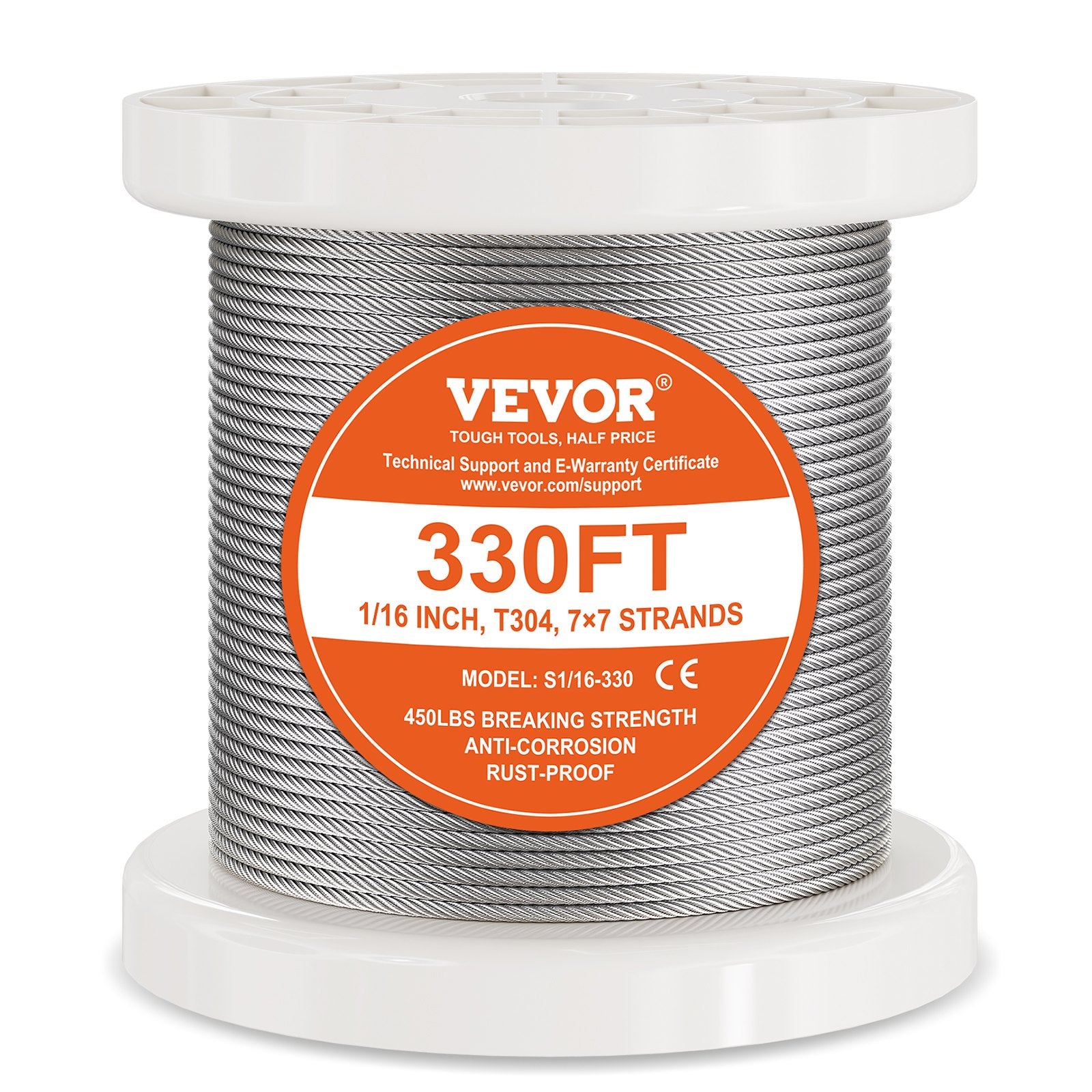 Wire Rope Kit, 1.59 mm 100.6 m 304 Stainless Steel Cable with 80 Sleeves and 20 Thimbles, 2KN Breaking V952-BXGGSS330FTBMD4CEV0