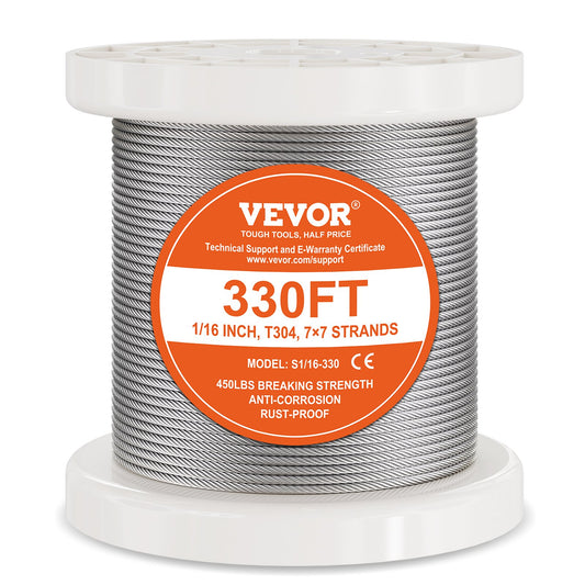 Wire Rope Kit, 1.59 mm 100.6 m 304 Stainless Steel Cable with 80 Sleeves and 20 Thimbles, 2KN Breaking V952-BXGGSS330FTBMD4CEV0