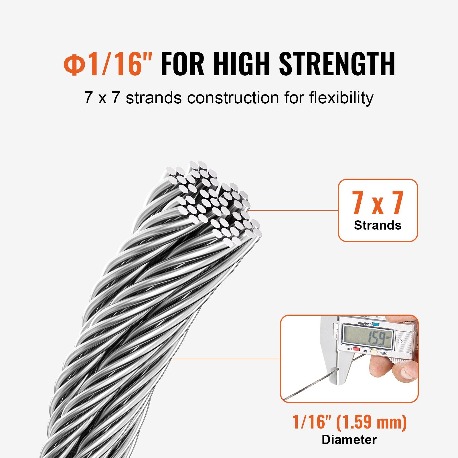 Wire Rope Kit, 1.59 mm 100.6 m 304 Stainless Steel Cable with 80 Sleeves and 20 Thimbles, 2KN Breaking V952-BXGGSS330FTBMD4CEV0