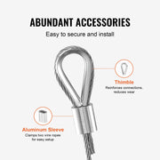Wire Rope Kit, 1.59 mm 100.6 m 304 Stainless Steel Cable with 80 Sleeves and 20 Thimbles, 2KN Breaking V952-BXGGSS330FTBMD4CEV0