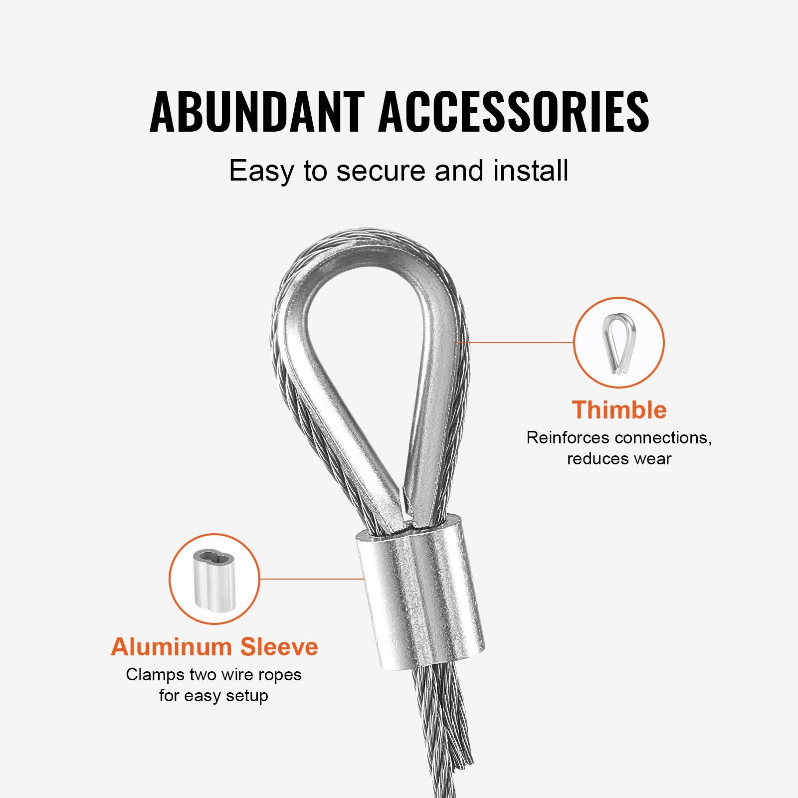 Wire Rope Kit, 1.59 mm 100.6 m 304 Stainless Steel Cable with 80 Sleeves and 20 Thimbles, 2KN Breaking V952-BXGGSS330FTBMD4CEV0