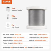 Wire Rope Kit, 1.59 mm 100.6 m 304 Stainless Steel Cable with 80 Sleeves and 20 Thimbles, 2KN Breaking V952-BXGGSS330FTBMD4CEV0